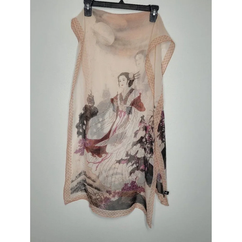 100% silk Asian woman flower print semi sheer scarf art to wear
